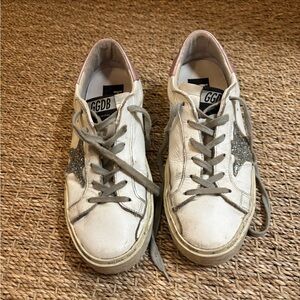 Golden Goose Hi Star White and Pink Sneakers with Silver Glitter Star